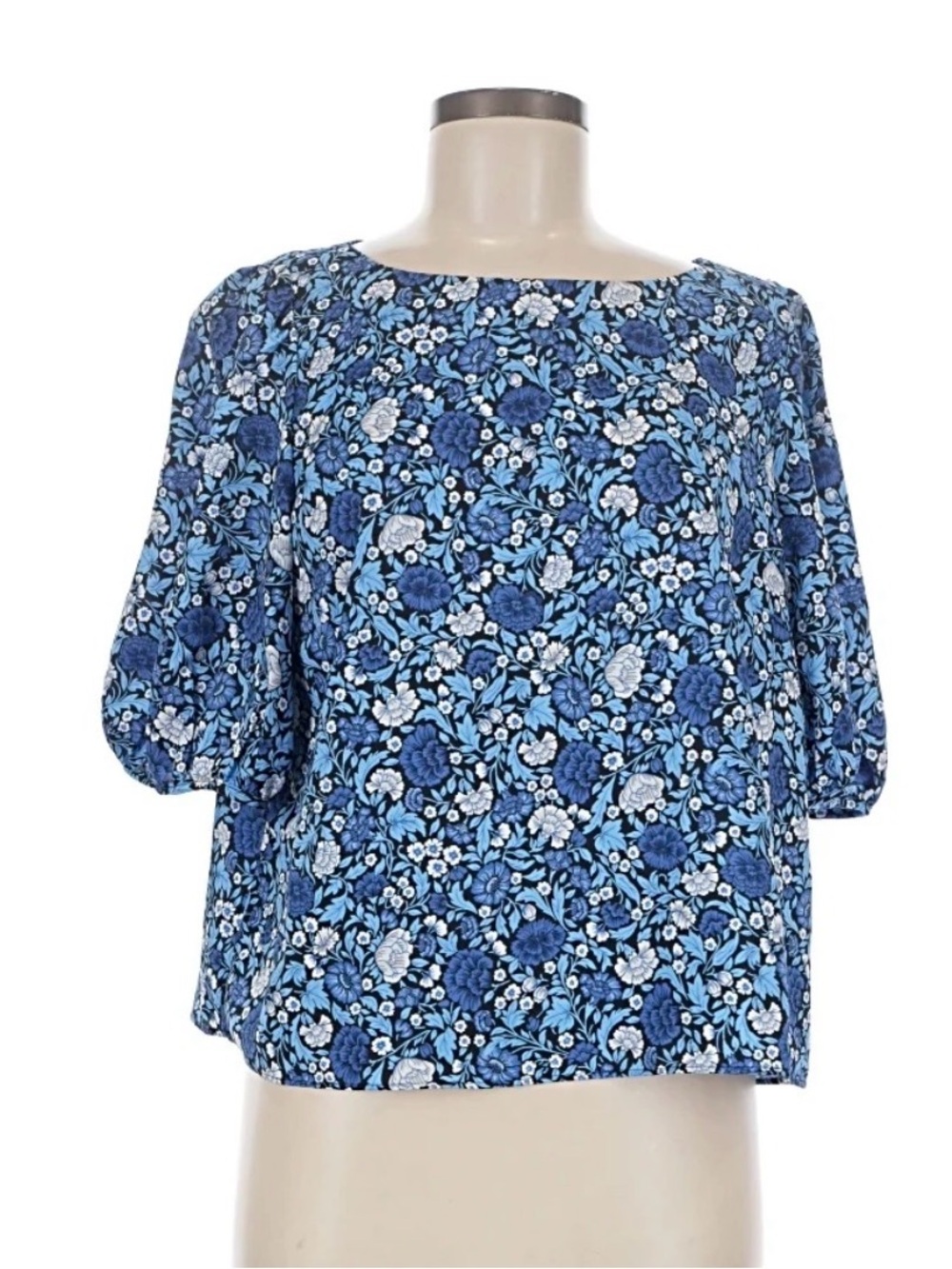 Ann Taylor Blue Multi Floral Puff-Sleeve Blouse